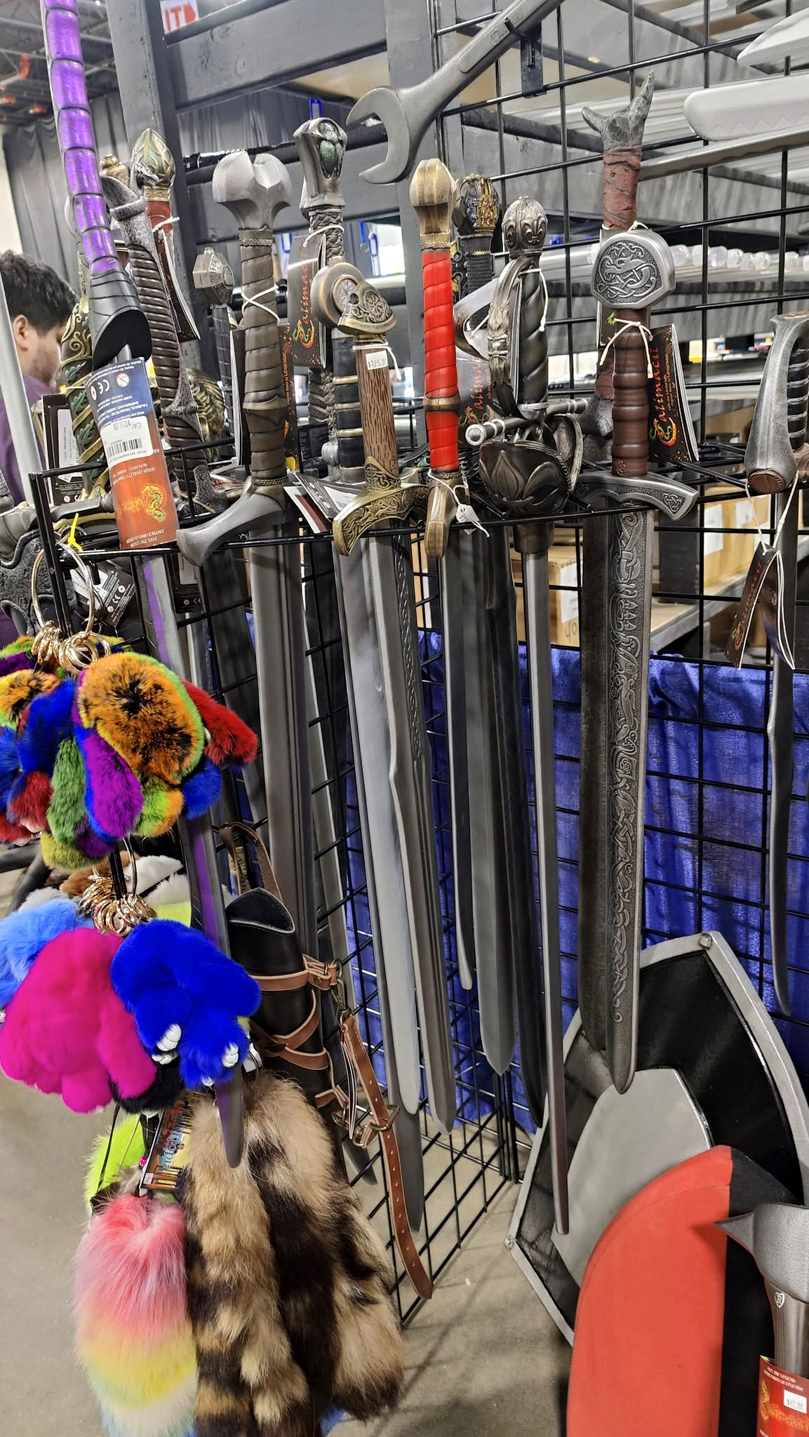 motor city comicon larptopia booth, calimacil, foam swords, foam axe, fur bunnies, witcher, niobe, foam hammer, kingdom come, for larp