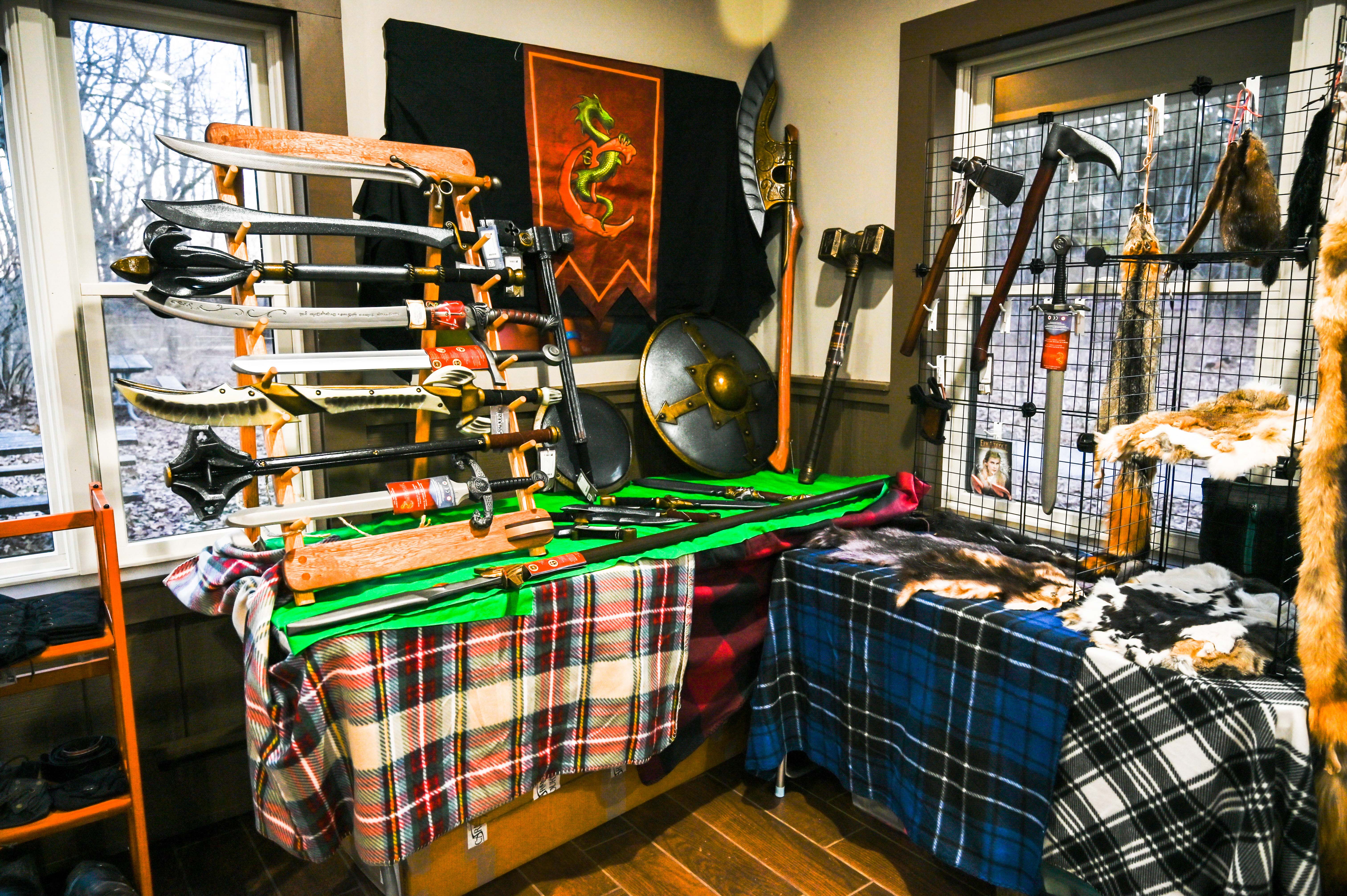 alliance south michigan larp early set up with epic armoury flails, axe, swords, shields, calimacil hammers, and furs