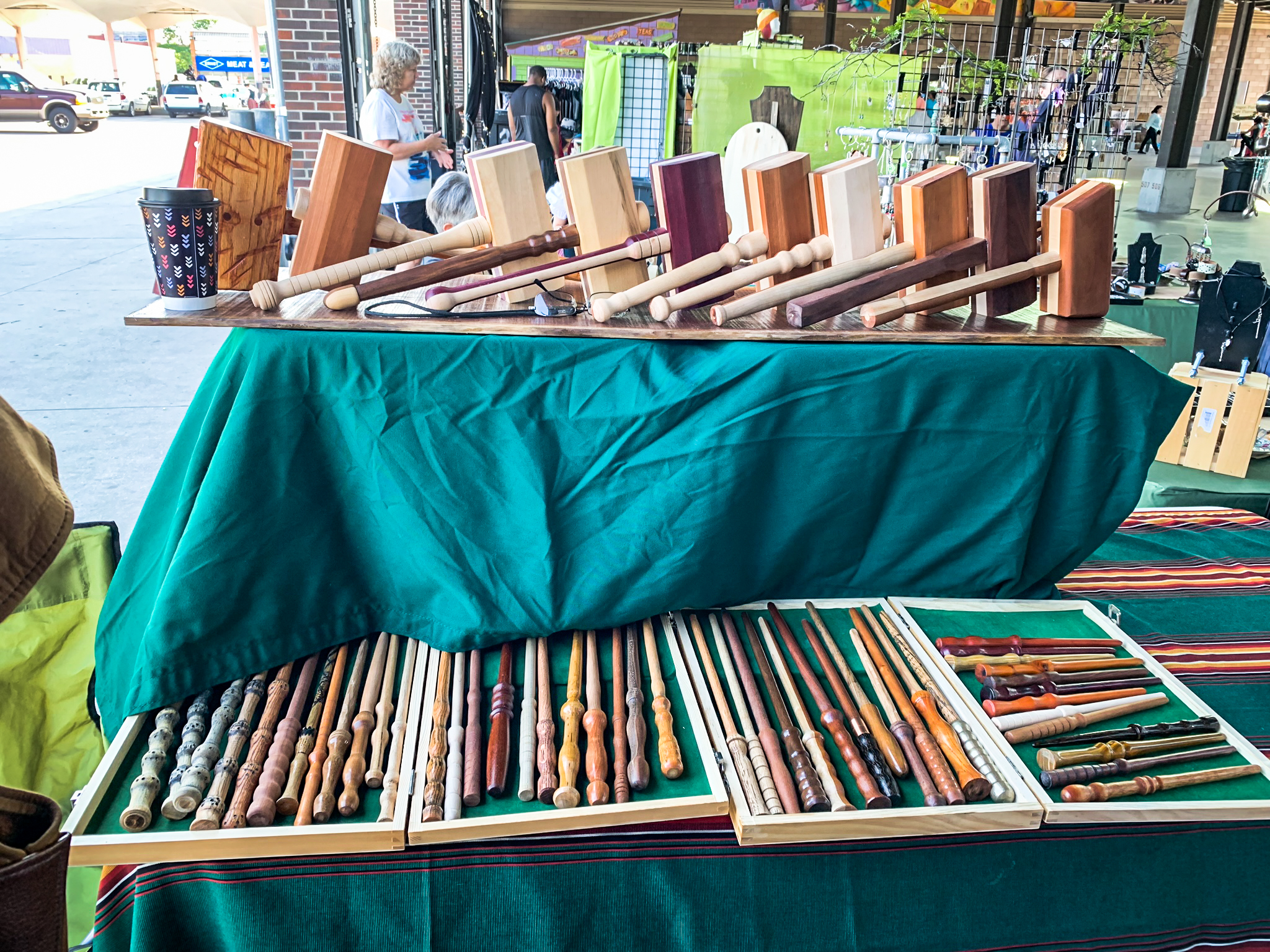 hand made wooden larp wands and crafting hammers